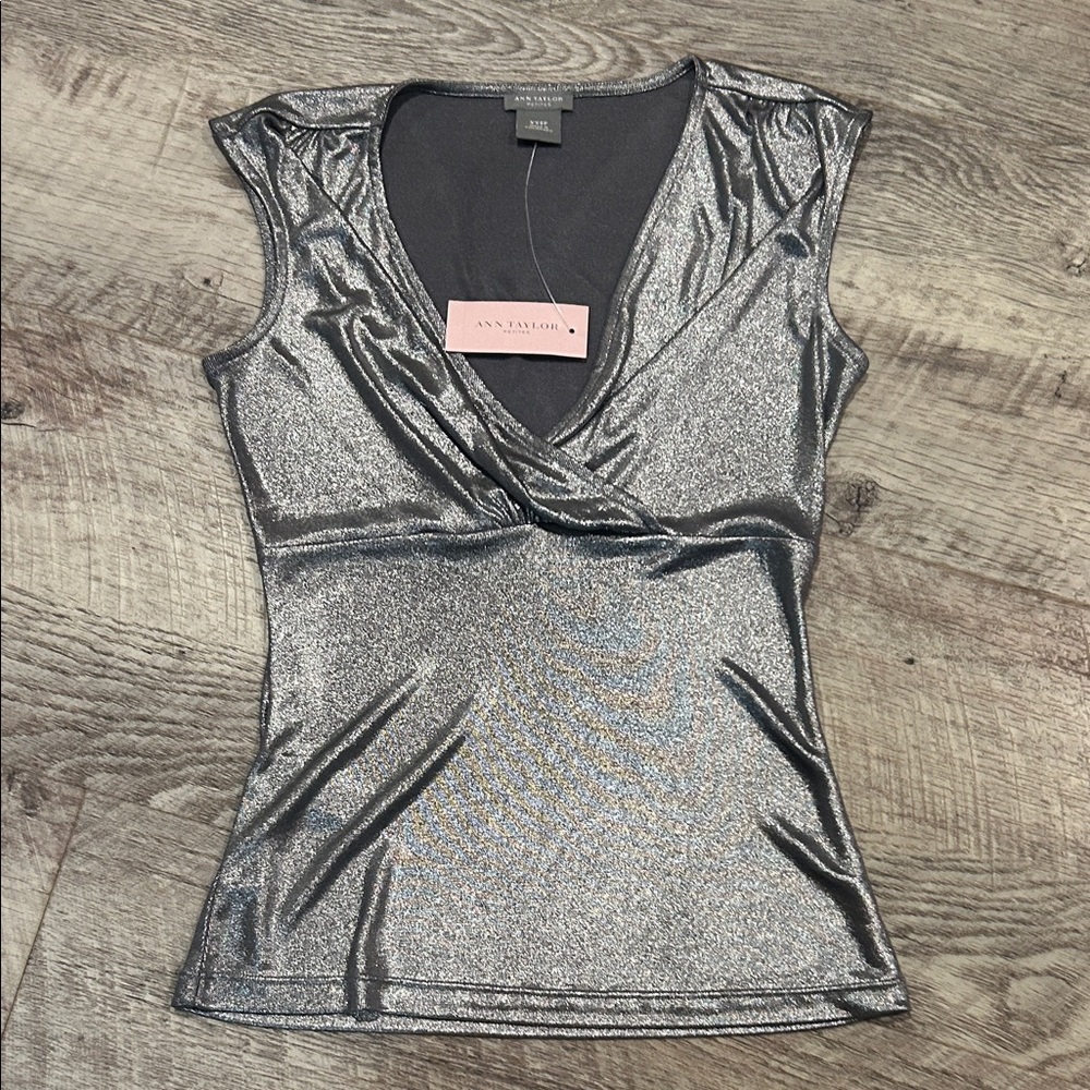 Ann Taylor Metallic Silver V-Neck Blouse